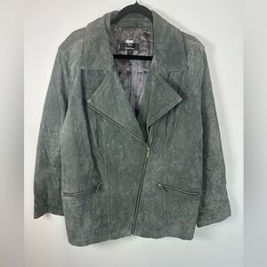 Dennis Basso Charcoal Grey Suede Leather Jacket Moto Style size 2X Washable